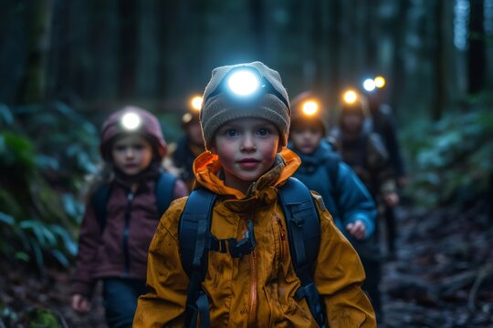 Children hiking in forest at night wearing headlamps