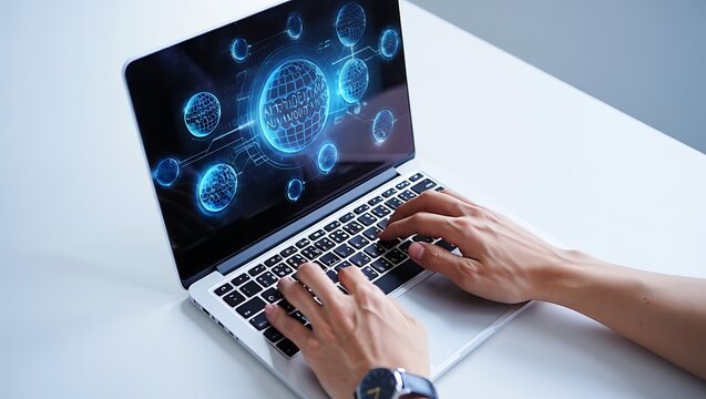 Hands typing on a laptop keyboard for business communication - Powered by Adobe