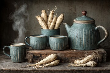 Parsnip root tea mugs teapot rustic setting