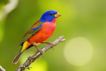 Side view of male painted bunting on a branch, bright daylight, natural pose