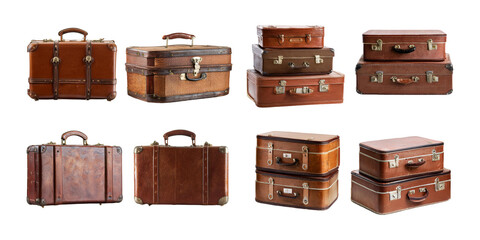 Vintage Suitcases Collection: A curated collection of eight vintage suitcases showcasing various styles, sizes, and shades of brown leather.