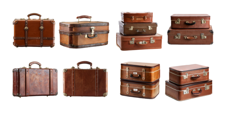 Vintage Suitcases Collection: A curated collection of eight vintage suitcases showcasing various styles, sizes, and shades of brown leather.