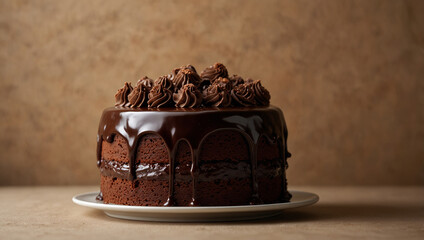 Close-up of chocolate cake placed on a cake stand, brown background.