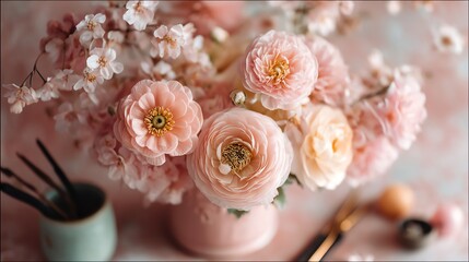 Pastel pink flowers in vase