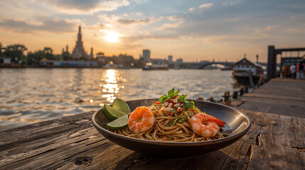 Front view of Pad Thai with fresh shrimp on a plate, a traditional Thai food set, with Wat Arun in the background.