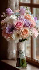 Pastel Rose Wedding Bouquet in Vase