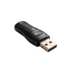 Close-up view of a black USB flash drive with a metallic connector on a white background.