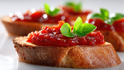 Spreading tomato paste on bruschetta base
