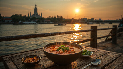 Front view of a bowl of Tom Yum Goong, a traditional Thai food set, with Wat Arun in the background.