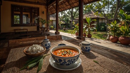 Front view of various food arrangements in bowls. Traditional Thai food set. Thai house in the background.