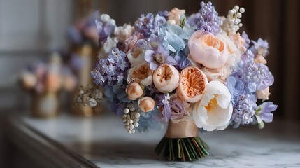 Pastel wedding bouquet lilac roses hydrangea