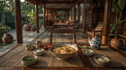 Front view of various food arrangements in bowls. Traditional Thai food set. Thai house in the background.
