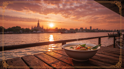 Front view of a bowl of Tom Yum Goong, a traditional Thai food set, with Wat Arun in the background.