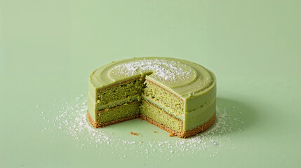 Close-up of green tea latte placed on a cake stand, light green background.