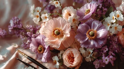 Peach and purple flower bouquet