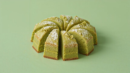 Close-up of green tea latte placed on a cake stand, light green background.
