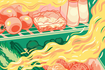 Illustration showcasing open fridge full of food with flowing hair, depicted in a stylized manner, bright colors, and bold lines. This open fridge scene features various food items: milk in bottles,