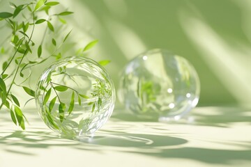 Seamless looping animation with soft plant shadows, glass ball reflections, modern green mockup