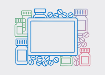 Medicine background features colorful pills and pill bottles surrounding frame, pharmacy concept. Modern medicine background provides space for pharmaceutical advertising, medical promotions.