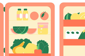 Fresh food in refrigerator with various fruits and vegetables, healthy lifestyle. Refrigerator interior containing natural and vibrant fruits and vegetables to help maintain fresh food,