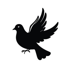Black silhouette of a dove in flight against a white background. A simple, elegant design.