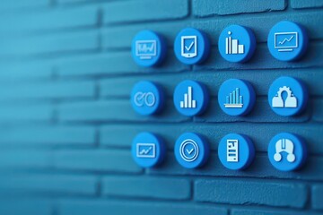 A set of twelve blue round icons representing data analysis, management, graphs, charts, technology, and settings arranged on a textured blue background.