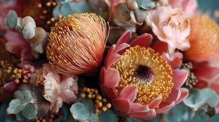Pink and orange protea flower bouquet