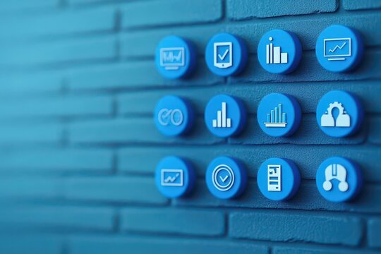 A set of twelve blue round icons representing data analysis, management, graphs, charts, technology, and settings arranged on a textured blue background. - Powered by Adobe