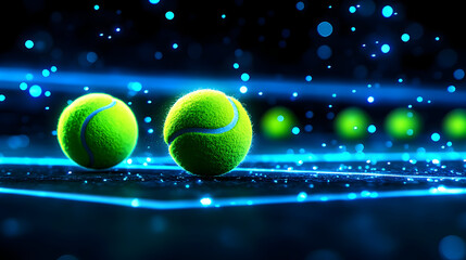 Dynamic Green Tennis Balls on Blue Light Background – 3D Luminous Tennis Court Scene with Meticulous