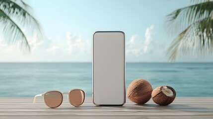 Relaxing Beach Scene with Smartphone, Sunglasses, and Coconut