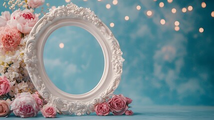 Elegant Vintage Frame Surrounded by Beautiful Pink Flowers