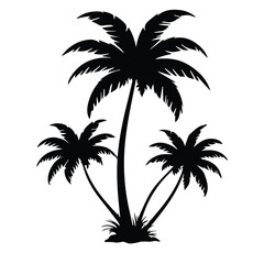 Fototapeta premium Palm tree silhouettes in a tropical setting. Silhouetted palm trees stand in a cluster against a white background. Tropical vegetation + graphic design for print use. General use.