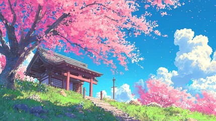 A serene Japanese shrine nestled beneath the vibrant canopy of blooming cherry blossoms creating a peaceful vista under