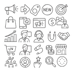A set of 20 minimalist black and white outline icons illustrating various marketing and business sales concepts. This collection includes icons representing digital ads, customer targeting