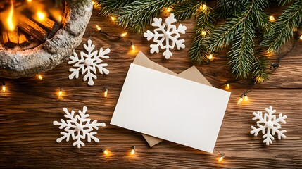 Cozy Winter Scene with Blank Card, Snowflakes, and Fireplace Decor