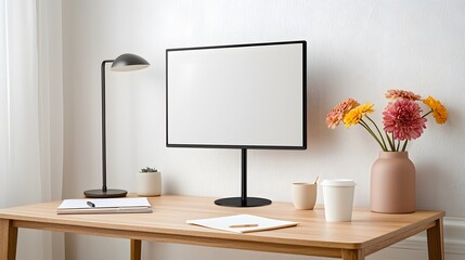 Modern Workspace with Clean Desk, Lamp, Monitor, and Fresh Flowers