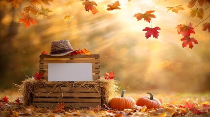 Rustic Autumn Scene with Pumpkins, Hat, and Blank Sign on Straw