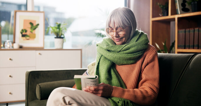 Game, writing and book with old woman on sofa for smile, brain puzzle and relax. Hobby solution, reading and problem solving with elderly person in living room of home for answer, idea and journal - Powered by Adobe
