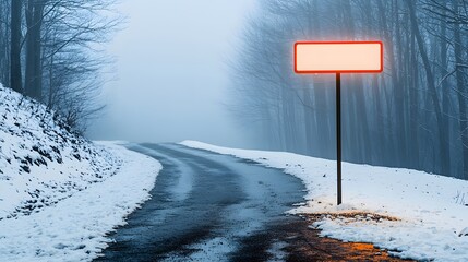 Foggy Winter Road with Blank Sign and Snowy Landscape at Dusk