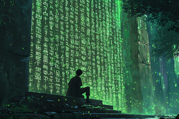 A boy discovering a robot's hidden archive of lost languages glowing glyphs swirling like captive fireflies