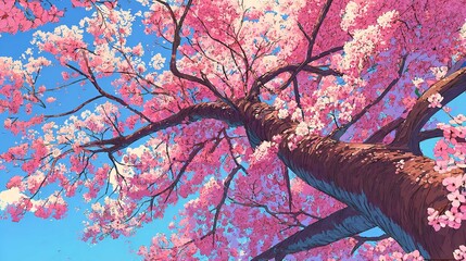 A breathtaking view under a flourishing cherry blossom tree in peak bloom celebrating the beauty of spring with upward