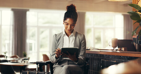 Reading, tablet and business woman in airport lounge for conference, travel and email confirmation....