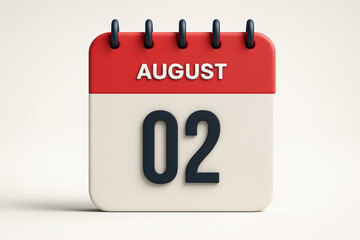 3D Calendar Illustration of August 2nd Date Reminder with Red Top and White Bottom on White Background for Organization