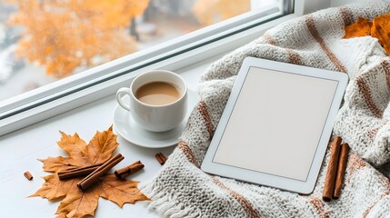 Cozy Autumn Morning with Coffee, Tablet, Leaves, and Blanket