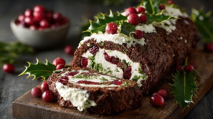 Festive chocolate yule log cake decorated with cranberries and holly leaves on a wooden board, perfect for Christmas celebrations.