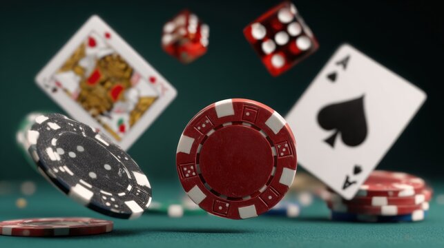 Flying poker chips, playing cards, and dice in motion against a green background, capturing the dynamic excitement of casino gaming. - Powered by Adobe
