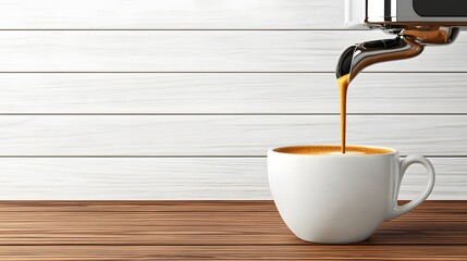 Freshly Brewed Coffee Pouring into White Cup on Wooden Table