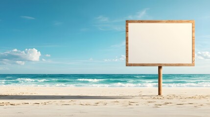 Empty Wooden Signboard on Beautiful Beach with Ocean View