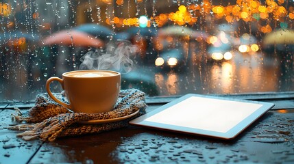 Cozy Coffee Moment with Steam and iPad on Rainy Window View