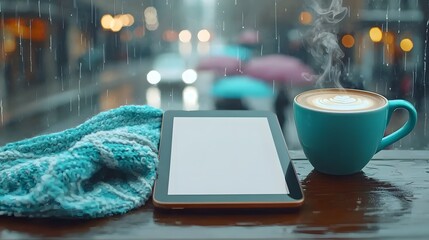 Cozy Coffee Scene with Tablet and Warm Knit Against Rainy Window